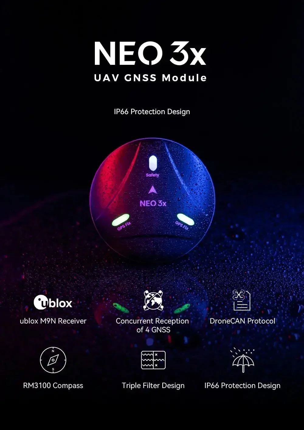 CUAV CUAV New NEO 3X GPS Module U-BLOX M9N GNSS DroneCAN RM3100 Compass IP66 Waterproof For PX4 ArduPilot UAV Controller