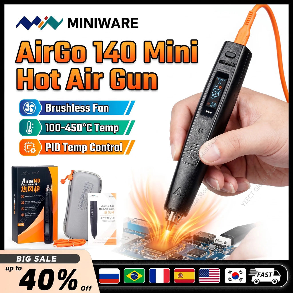 MINIWARE AirGo 140 Portable Hot Air Soldering Station 140W PD3.1 USB C BGA Desoldering Rework Tool Digital Temp Cable Box
