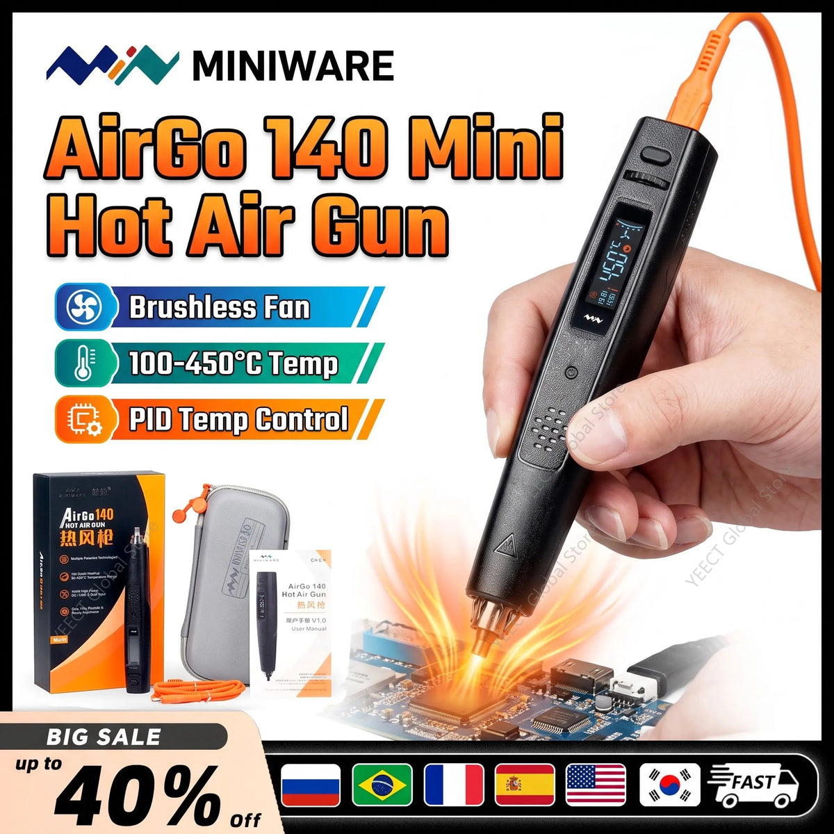 MINIWARE AirGo 140 Portable Hot Air Soldering Station 140W PD3.1 USB C BGA Desoldering Rework Tool Digital Temp Cable Box