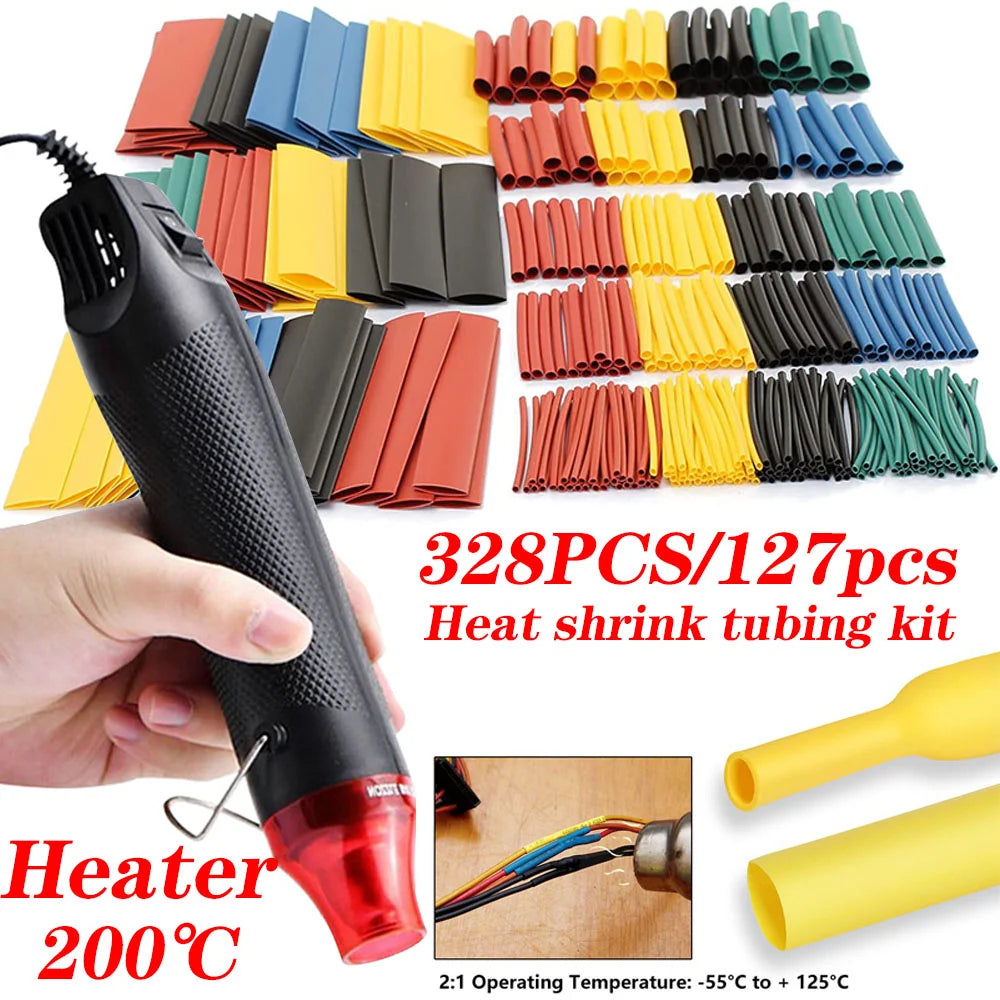 328/127/580PCS Heat Shrink Tubing Kit 2:1 Shrinkable Wire Shrinking Wrap Tubing Wire Connect Cover Protection with Hot Air Gun