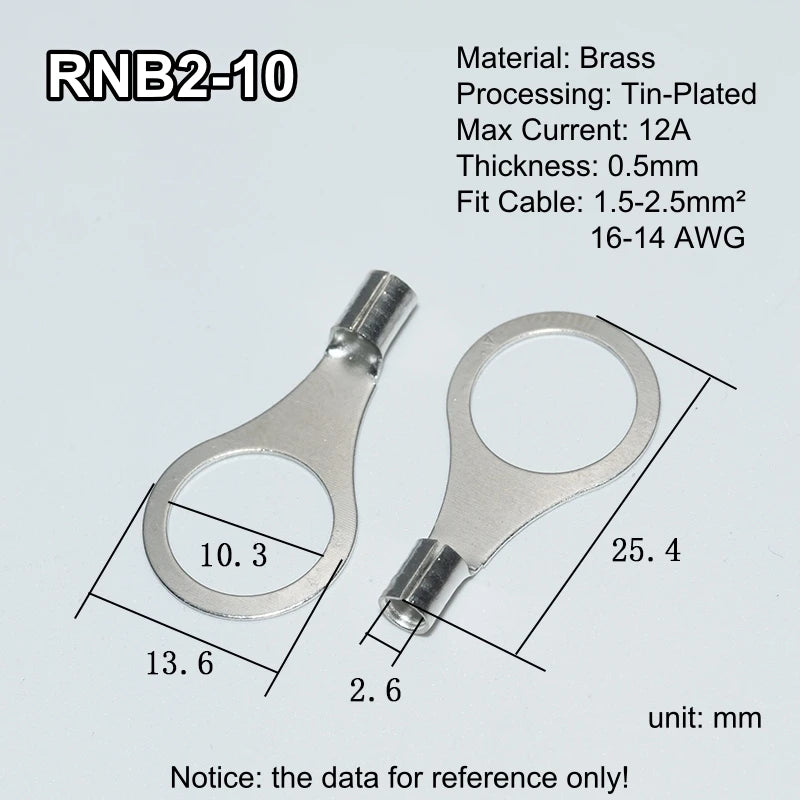 100pcs RNB Brass Ring Bare Terminal Block Connector Cable Lugs Wire Crimping Tips Electrical Connection Strips 12V 2.5mm 4mm 6mm