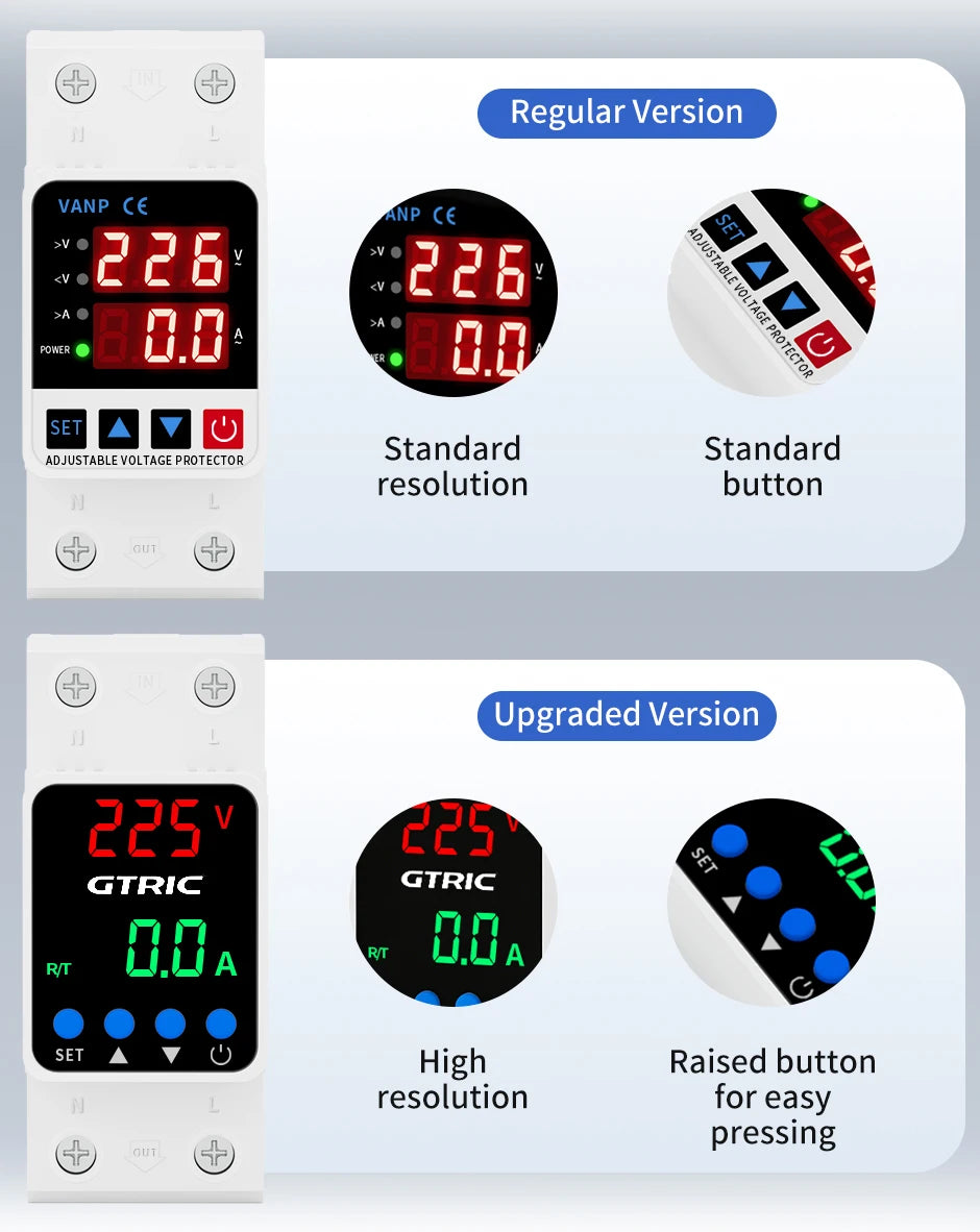 GTRIC Voltage Protection Relay Din Rail Over Under Voltage Protector 230VAC 40A 63A Adjustable Voltage Current Protection Device