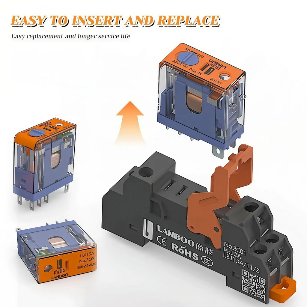 LANBOO J13A 12A/8A 12VDC/24VDC/220VAC Micro Voltage Plug-in Universal Intermediate Relay 5Pin/8Pin Base Sold Separately