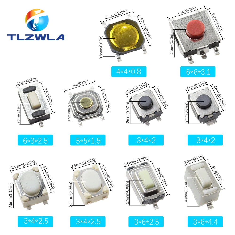 100PCS 10 Models Tact Switch Tactile Push Button Switch Kit: 3*4*2mm 3x6x4.3mm 2Pin 3x6x2.5mm 4*4*1.5mm SMD 4 Feet