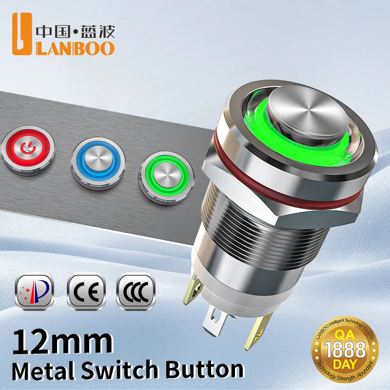 LANBOO 12E 7A High Current 4 Pin Switch Waterproof IP65 Latching or Momentary Micro Metal Push Button Switch with LED 24V220V