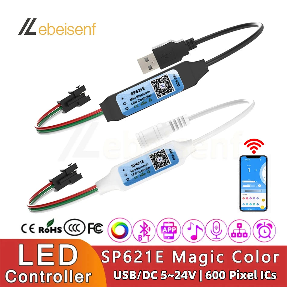 USB SP621E Mini Bluetooth LED Controller Smart APP Magic Color Dimmer SPI Addressable Digital IC for WS2812B 2811 5050 LED Strip