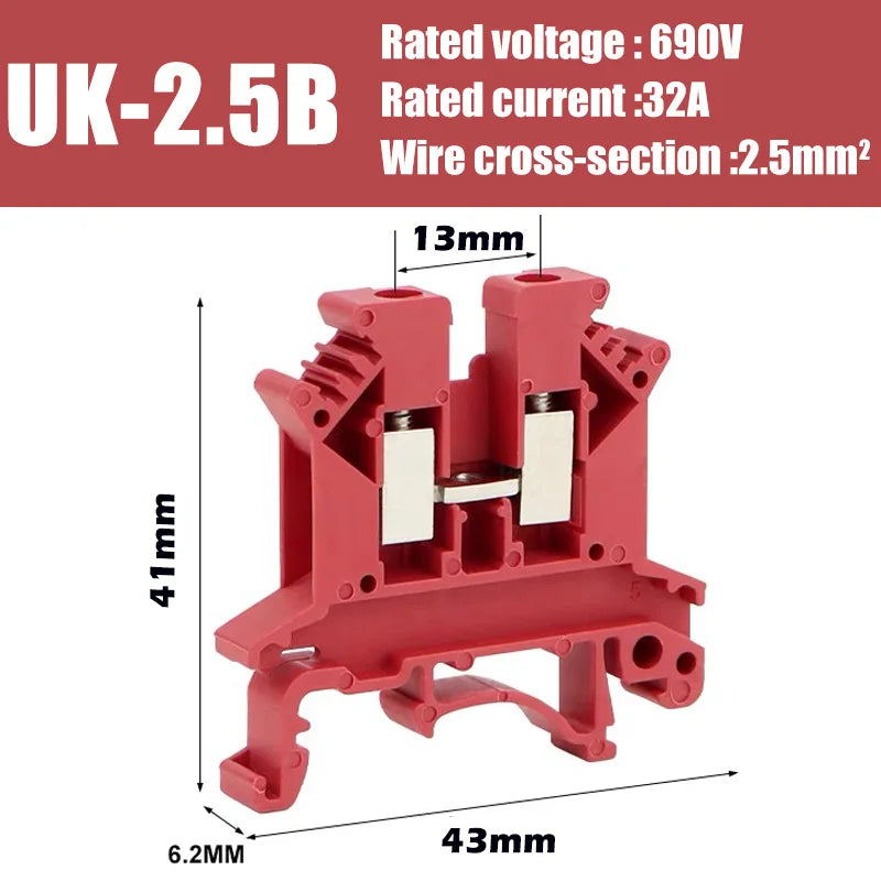 UK2.5B DIN Rail Terminal Block, 2.5mm² Screw Connection Wire Connector for Electrical Panel Wiring 20/50/100PCS