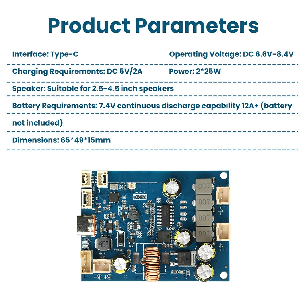 DC 6.6V-8.4V BT Amplifier Board With 2 x 25W Adjustable Tuning And Integrated Charging Type C Bluetooth Amplifier Module