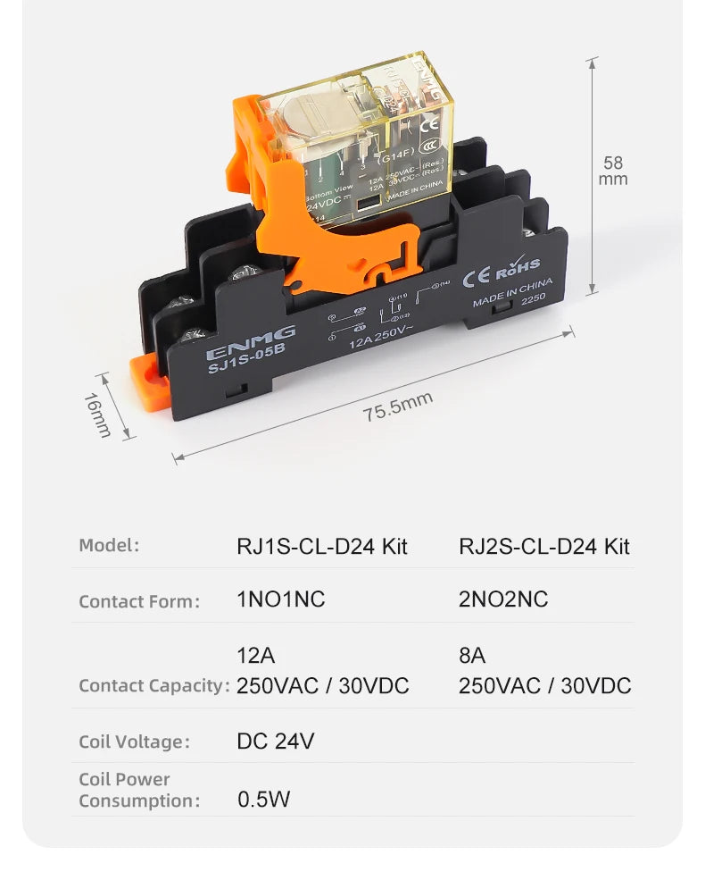 ENMG G2RL-1-E/G2RL-2 DIN Rail Relay 16A 24VDC SPDT LED Indicator Compact Electromagnetic Relay with Surge Protection TVS