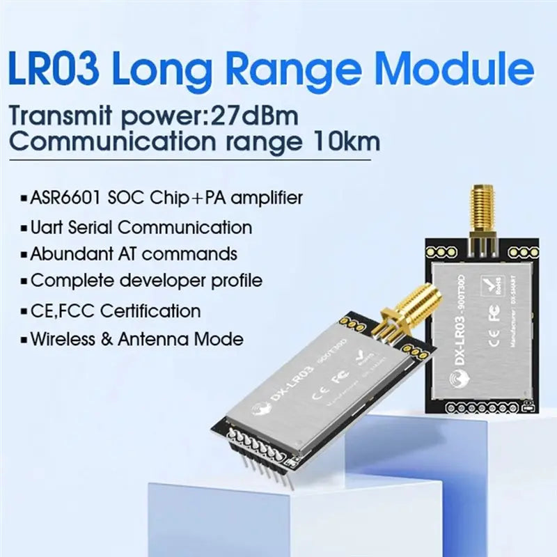 DX-LR03 868Mhz 915Mhz Lora Module 10KM Long Range Transmission Power 27Dbm AT Uart Serial Port ASR6601