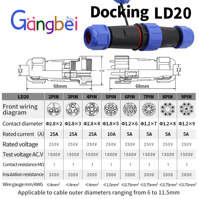 Screw Connection Connector Waterproof Connector 20mm 25A IP68 SP20/LD20 2PIN 3PIN 4PIN 5PIN 6PIN 7IN 1PCS