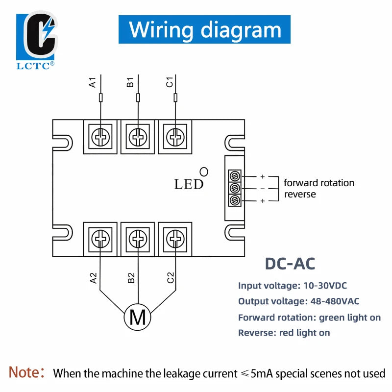 LCTC Three Phase Solid State Relay Forward and Reverse Control Relay DC Motor Stater 10A 25A 40A 60A 80A 10-30VDC 40-480VAC DA