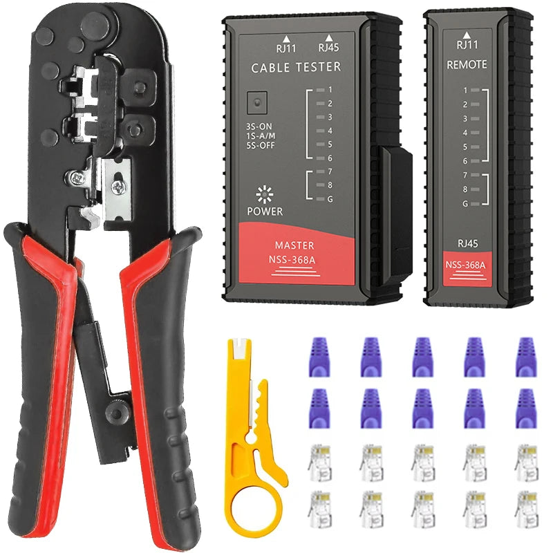 RJ45 Cat6 Crimping Tool Kit with RJ11/12/45 8P6P Network LAN Crimper Connectors and Covers Network Cable Tester Wire Stripper