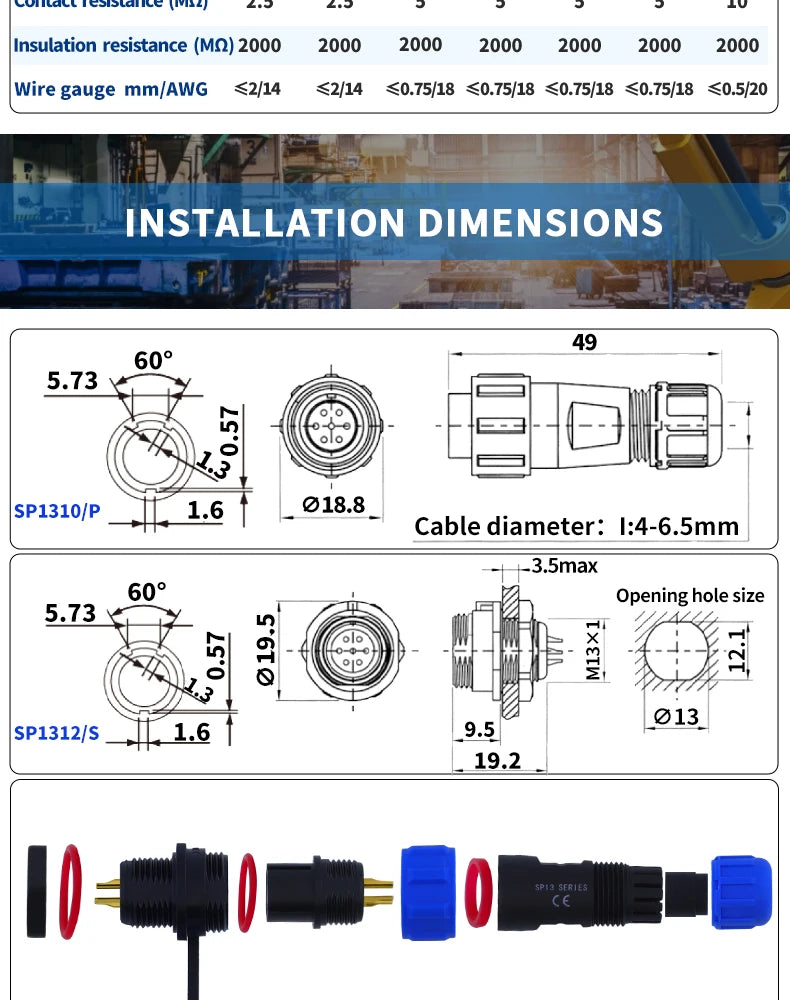 SP13 Waterproof Connector Male Plug & Female Socket Panel Mount Wire Cable Connector Aviation Plug IP68 2/3/4/5/6/7/9 Pin GBDQA