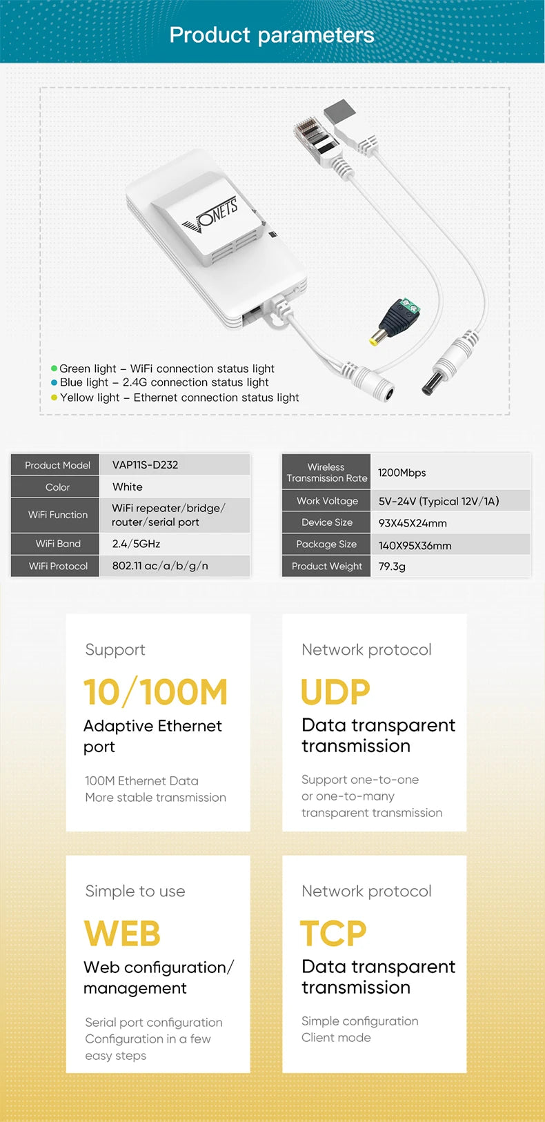 VONETS VAP11S-D232 Dual-Band Wireless Bridge Router Serial Port Service UART/TTL to RS232/485/422/WiFi to Ethernet Converter