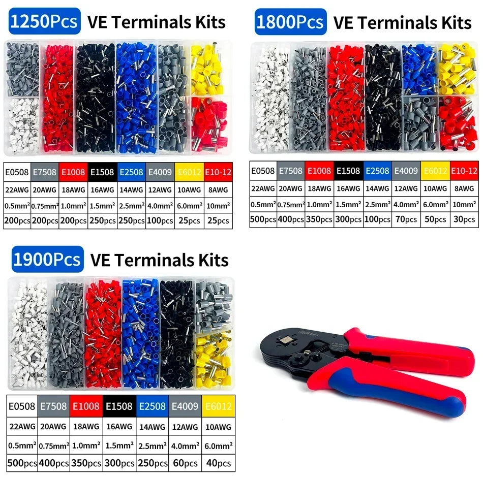 200-1900Pcs Electrical Tube Insulated Terminal VE Tubular Crimp Terminals Wire Cable Connector Ferrules Terminal Connectors