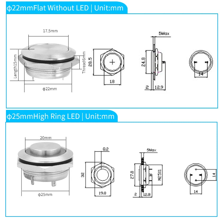 12mm 16mm 19mm 22mm Ultra Short Micro Stroke Stainless Steel Push Button Switch with LED Lamp Waterproof Self-reset/Momentary