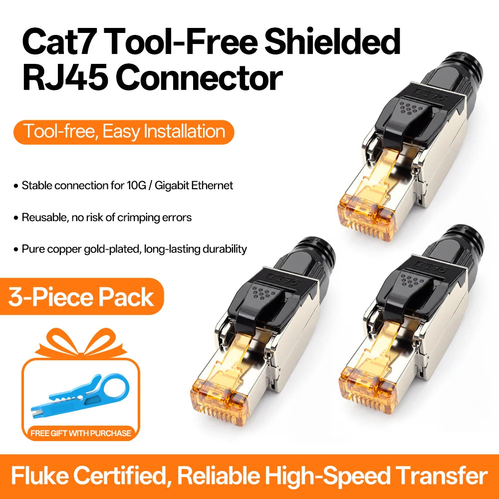 Cat7 Tool‑Free RJ45 Connector Shielded Reusable Field Termination Zinc‑Alloy No Crimp for CAT7 CAT6A STP Network Cabling Project