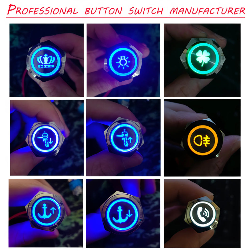 Custom Metal Push Button Switch 16mm 19mm 22mm Black Laser Luminous Waterproof Momentary Latching 12V 24V Motorcycle Car Switch