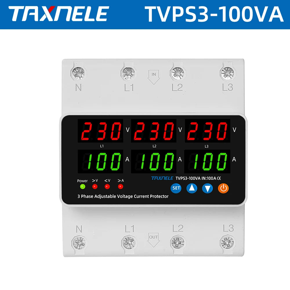 3 Phase Din Rail Voltmeter Ammeter Adjustable Over Under Voltage Current Limit Protection Monitor Relays Protector 63A 100A