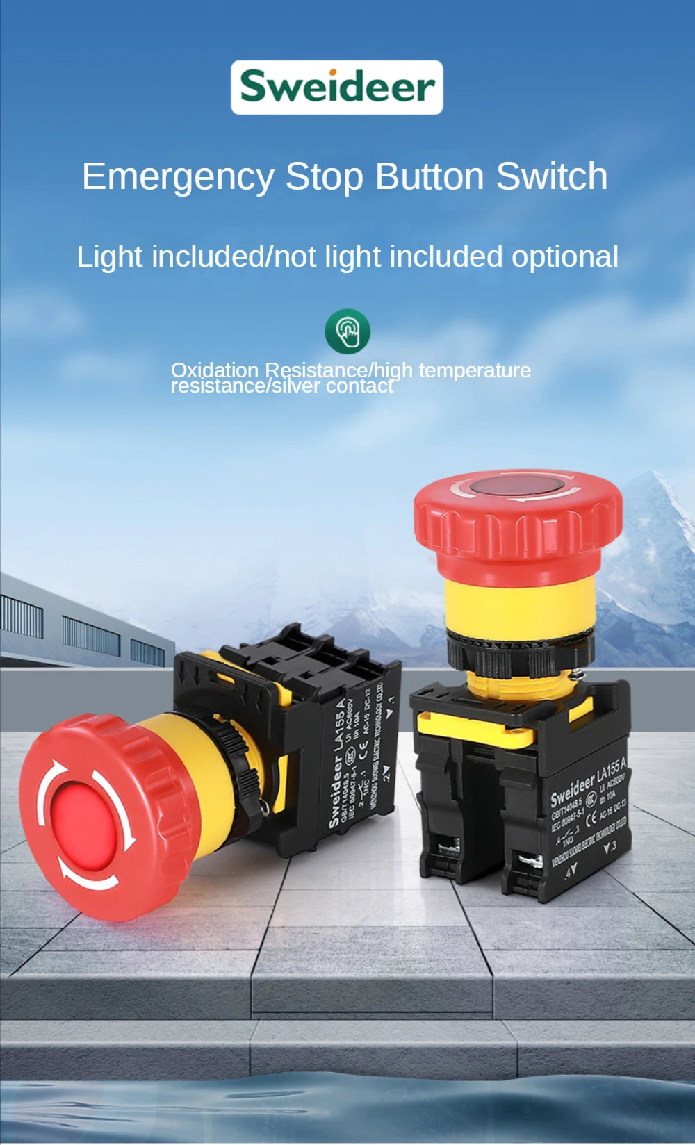 Mushroom Emergency Stop Button on off Switch with Light Emergency Stop Power Control Electrical Starter Switch 220V 10A NC 22mm