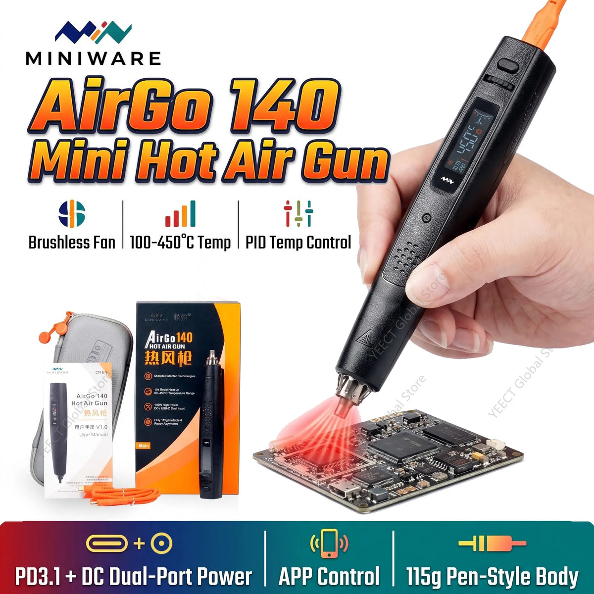MINIWARE AirGo 140 Mini Heat Gun 140W PD3.1 USB C Fast Heating Tool For Heat Shrink Tubing BGA PCB Field Repair Case