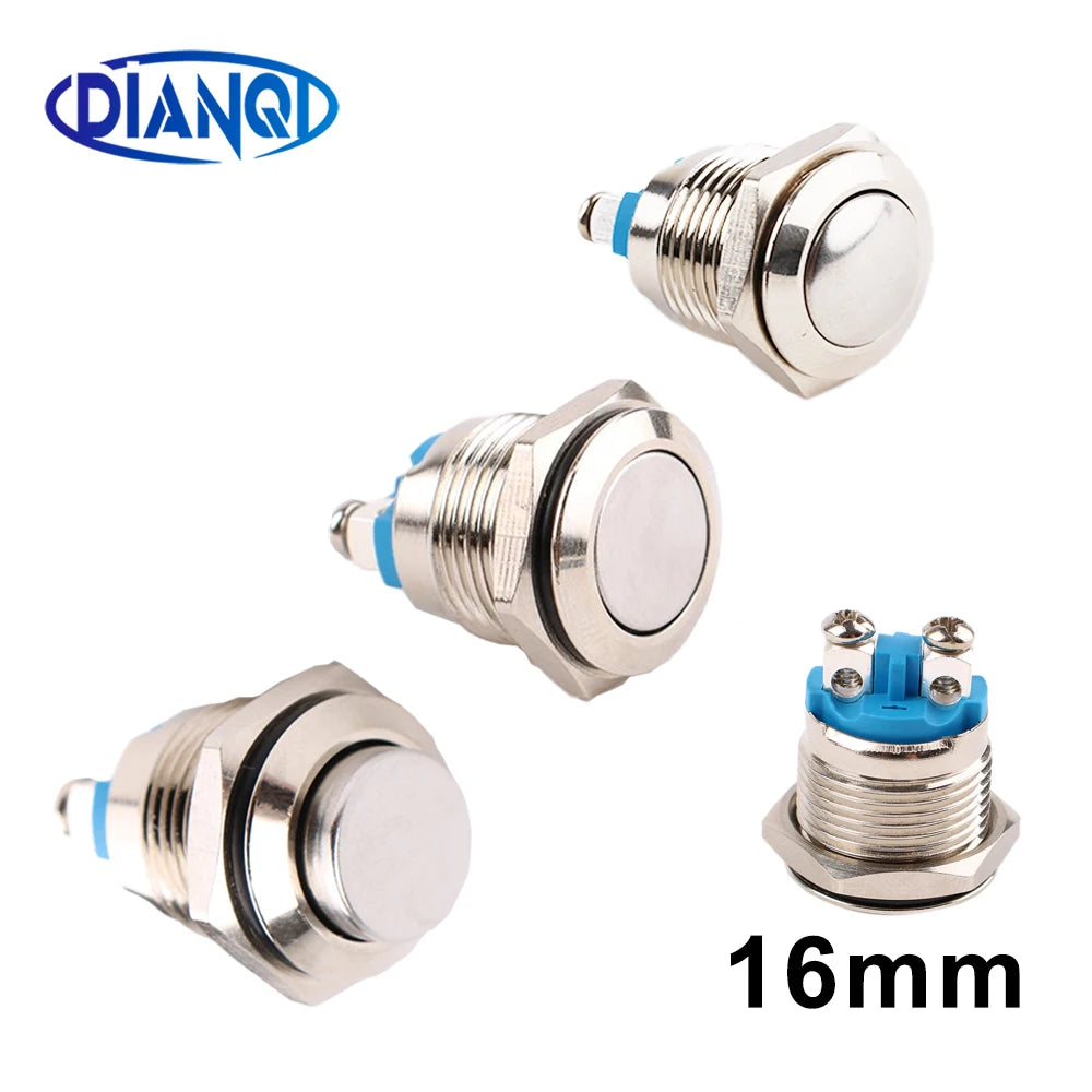 1pc 16mm 1NO High Flat Head Waterproof Momentary Reset Metal Push Button Switch Screw Terminal Car Engine Doorbell PC Power