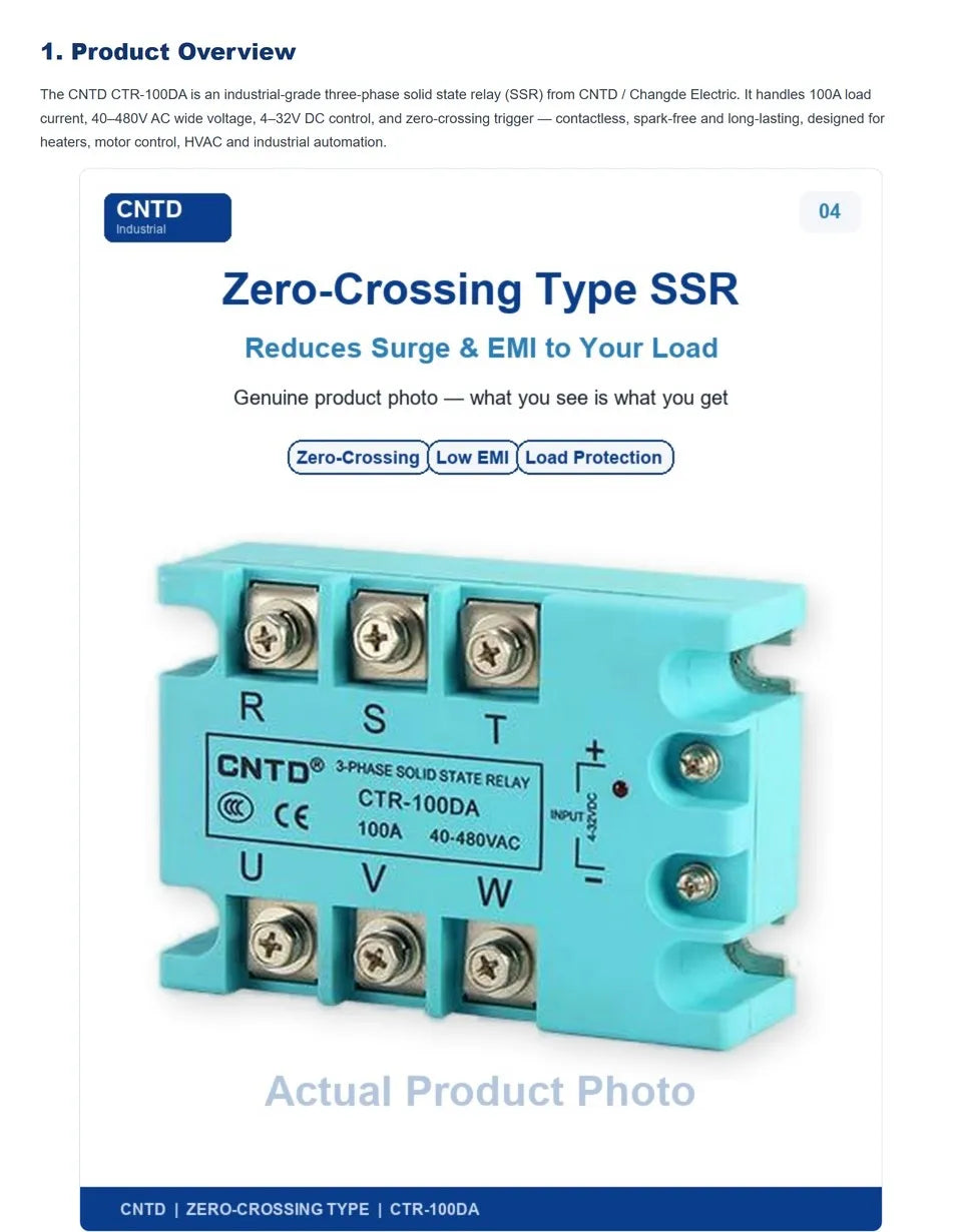 CNTD CTR-100DA 3 Phase Solid State Relay 100A 40-480V AC DC Control SSR Zero Crossing Industrial Relay for Heater Motor