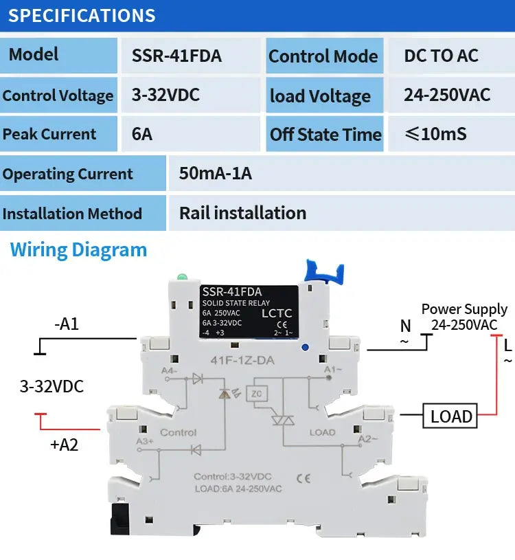 LCTC 10PCS SSR Solid State Relay DIN Rail Terminal Slim Relay Module SSR-41FDD/DA DC To AC DC To DC 6A With LED Non-contactLED
