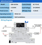 LCTC 10PCS SSR Solid State Relay DIN Rail Terminal Slim Relay Module SSR-41FDD/DA DC To AC DC To DC 6A With LED Non-contactLED