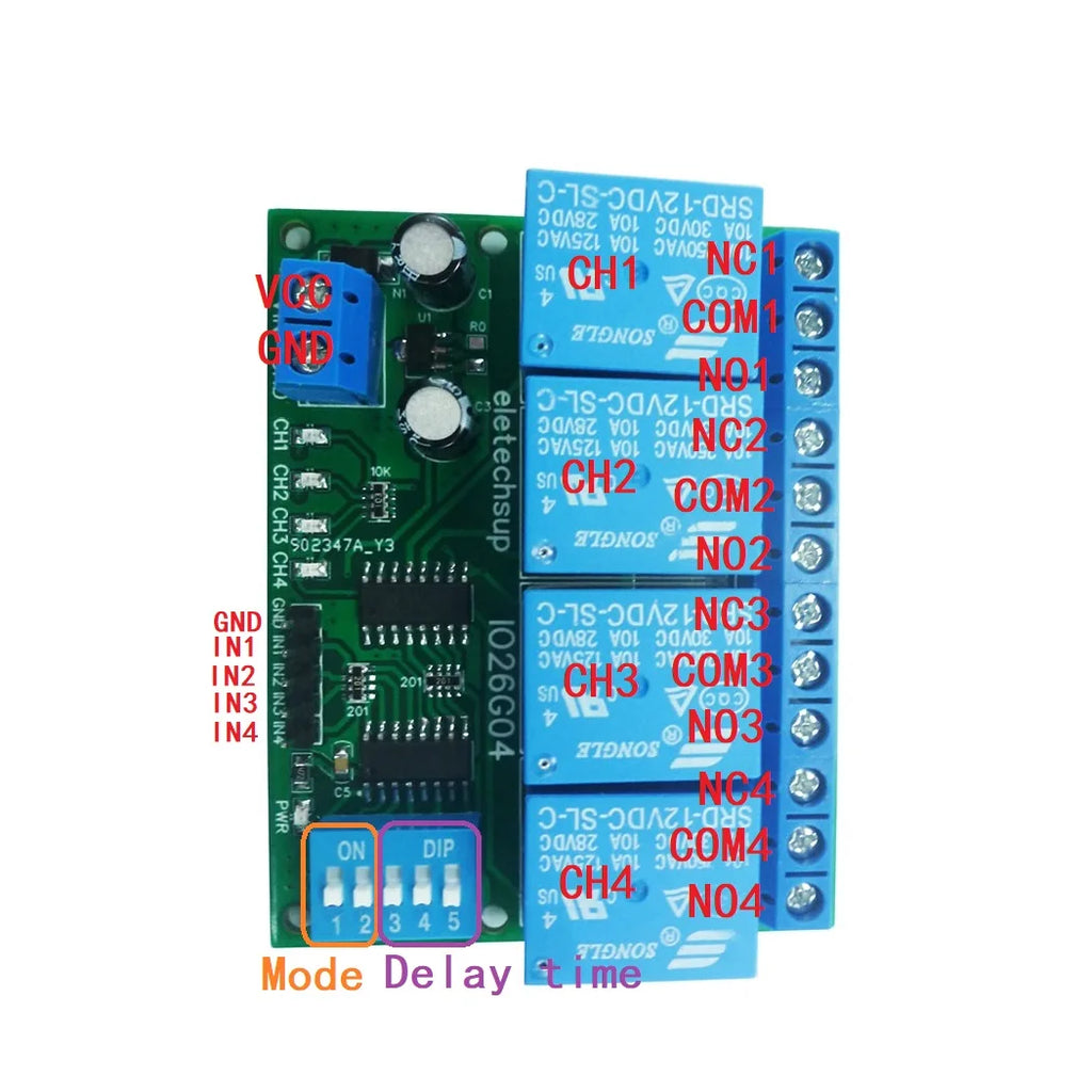 1 PCS 4ch DC 5V 12V 24V DIP Switch Delay Relay Module Flip-Flop Latch Bistable Self-locking Interlock Latch Power Conditioner
