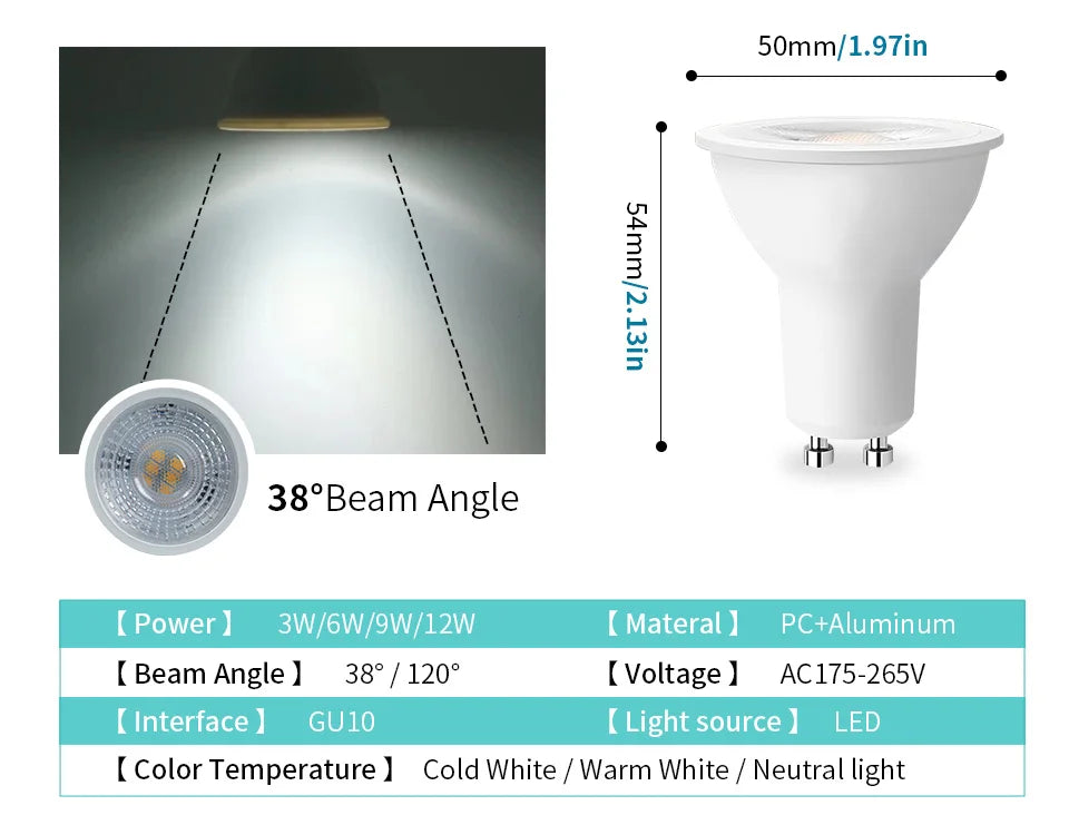 1-10PCS LED spot light GU10 AC220V LED energy saving bulb 3W 6W 9W 12W LED Lamp Spotlight Bulb 38 Degree lampara for home