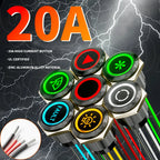 FILN 2Pcs 22mm Symbol Push Button Switch 20A IP67 Waterproof Latching Momentary Marine Switches 185 Replacement Symbols 5V-24V