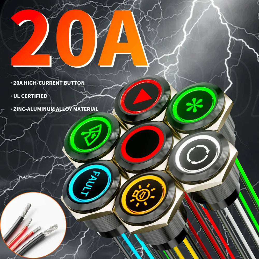 FILN 2Pcs 22mm Symbol Push Button Switch 20A IP67 Waterproof Latching Momentary Marine Switches 185 Replacement Symbols 5V-24V