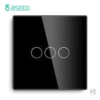 BSEED EU Standard 1/2/3Gang 2Way Wall Touch Switch Light Sensor Switches Wall Socket USB Type-C Crystal Glass Panel 240V Black