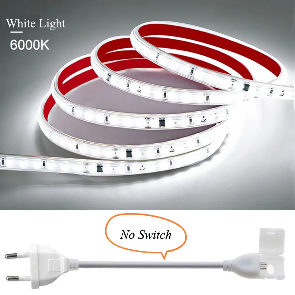 120LED/m LED Strip Light 220v Flexible&10cm Cuttable Soft Lamp Bar 2835 Tape Adhesive EU Plug Vanity Cabinet Wardrobe Home Decor