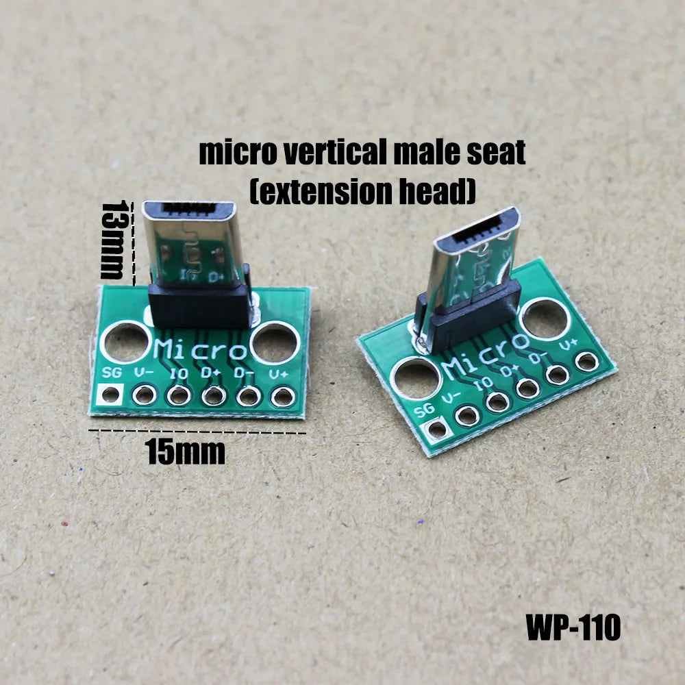 1Pce Vertical USB Micro USB 2.0 Male Lengthen Head Connector PCB Converter Adapter Breakout Board 180 Degree Vertical WP-110
