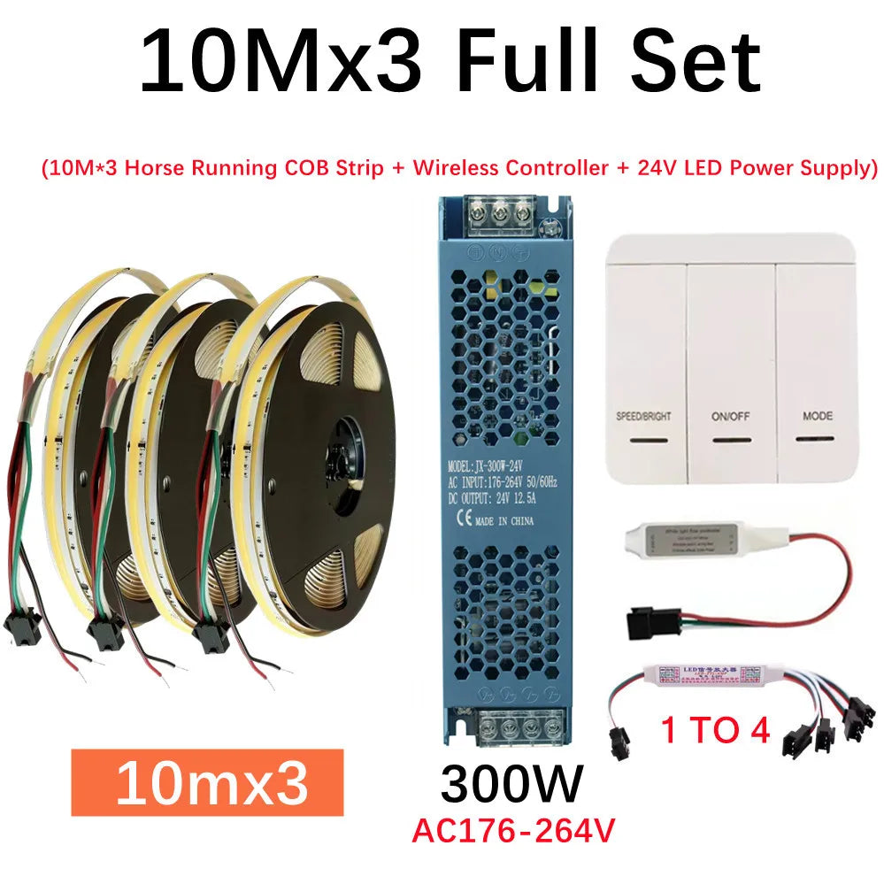 DC24V WS2811 COB LED Light Strip Kit 5M 10M 360LEDs/m Addressable Running Water Flowing Lamp With Wireless Controller Power Kit