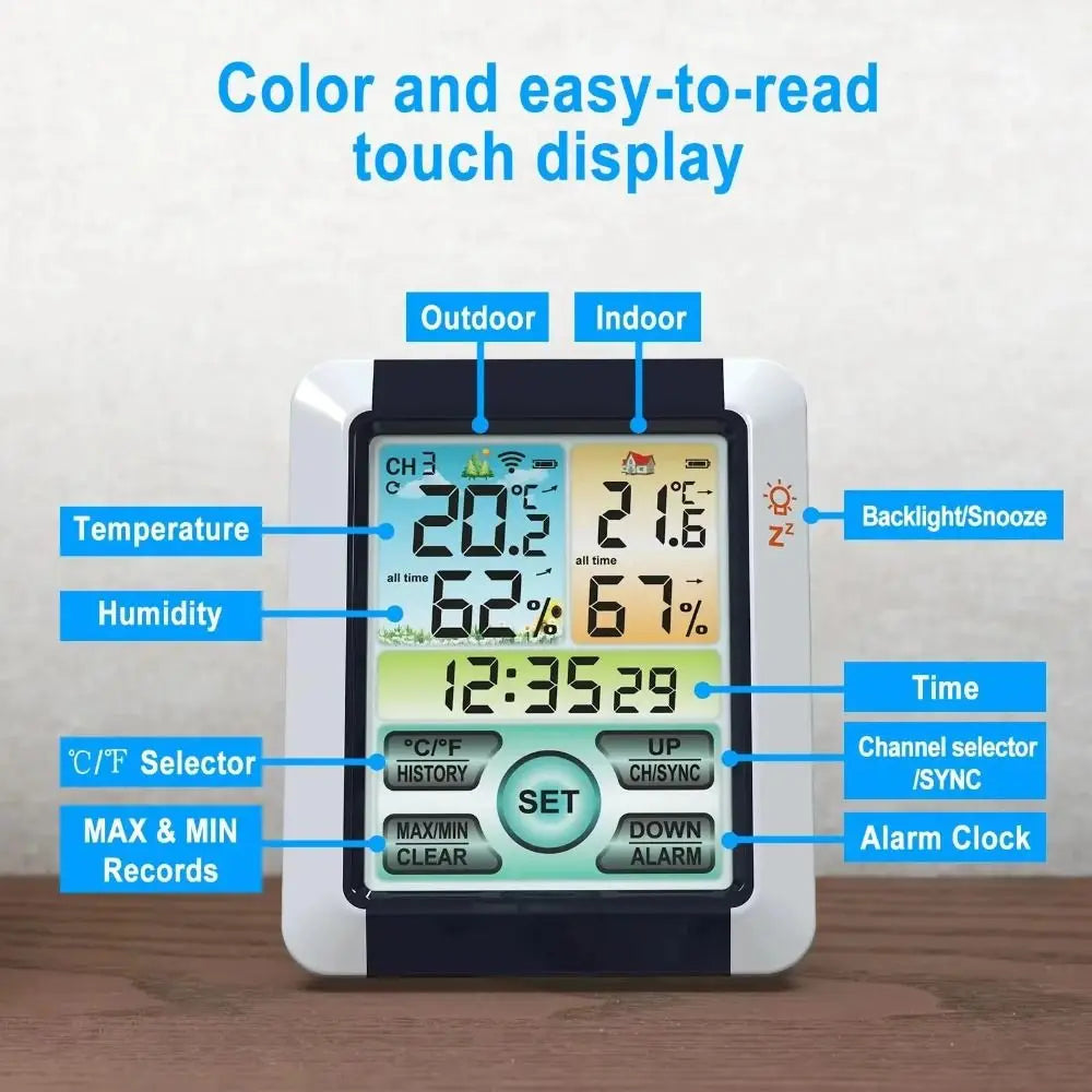 Wireless Temperature and Humidity Meter Barometer Alarm Clock Digital Weather Station Touch Screen Display Hygrometer