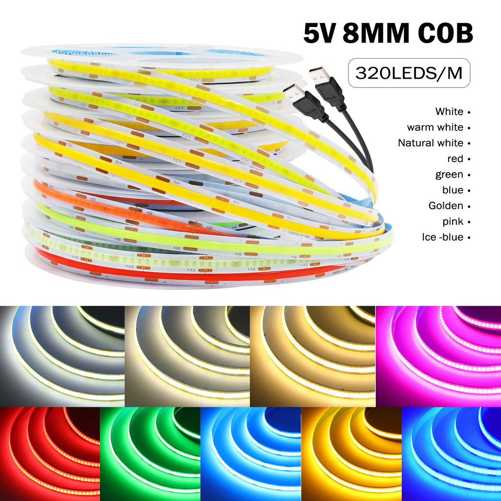 5V COB LED Strip High Density 320LEDs/m USB LED Light Red Green Blue Pink Ice Blue Warm White Flexible Led Tape TV Backlights