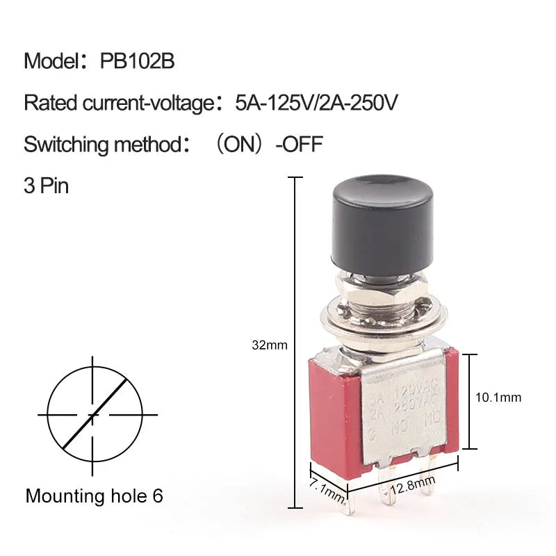 5PCS 3Pin C-NO-NC Reset Latching Toggle Switch Automatic return Push Button (ON)-OFF 5A125V/2A250V 6mm Mini Toggle Switches