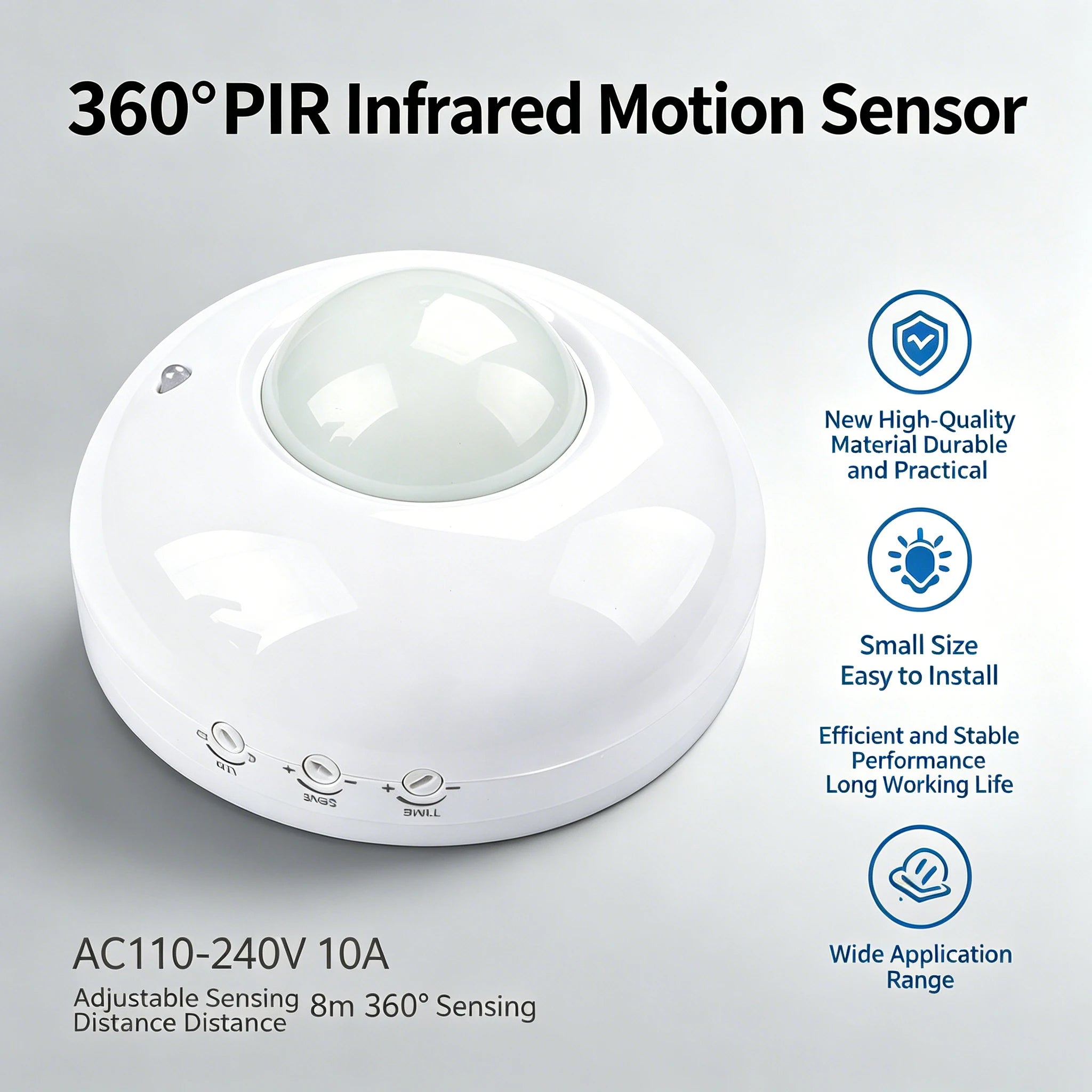 PIR Infrared Sensing AC110-240V 10A 360 Degree Motion Sensor 5s-10min Delay Adjustable Photosensitive Adjustable