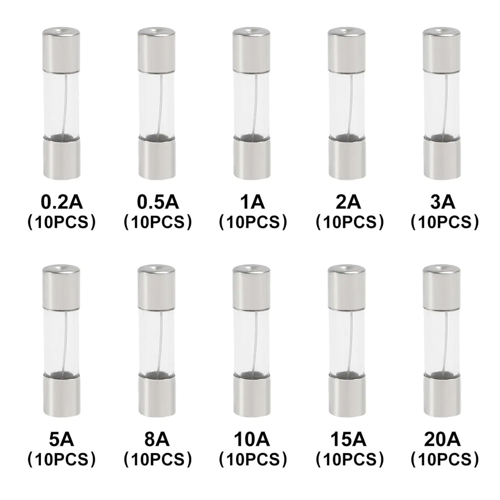 100 Pcs 125V Christmas Light Fuses Kit 5x20mm Max Glass Fuses - 10 Values Set including 0.5A 1A 2.5A 3A 5A 7A 8A 10A 15A 20A