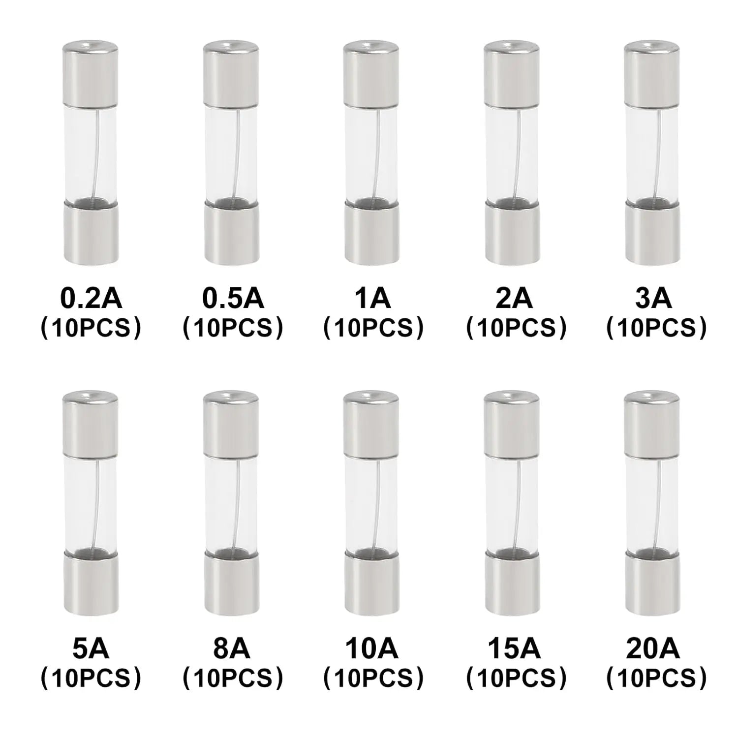 100 Pcs 125V Christmas Light Fuses Kit 5x20mm Max Glass Fuses - 10 Values Set including 0.5A 1A 2.5A 3A 5A 7A 8A 10A 15A 20A