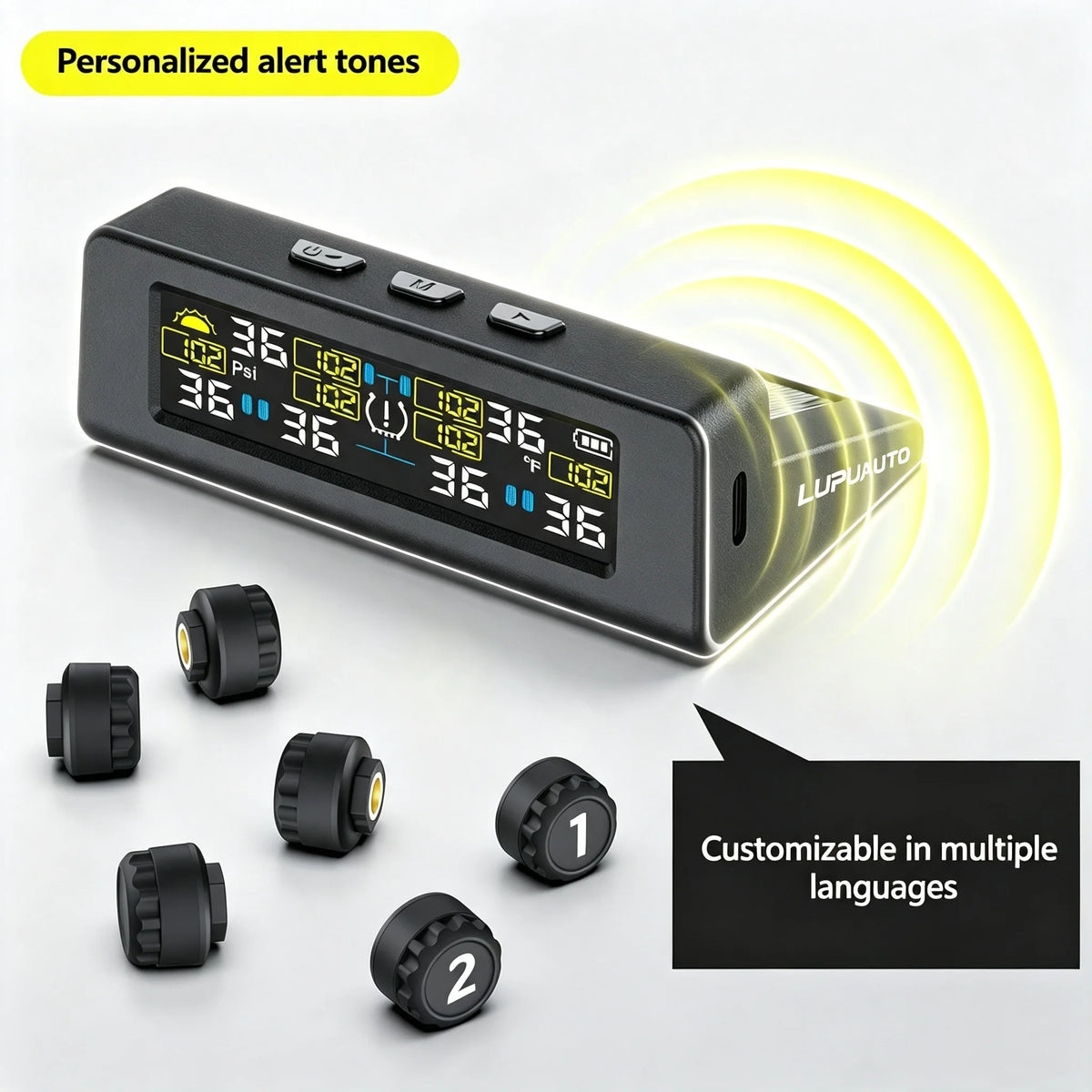 TPMS Tire Pressure Monitoring System Car Safety Alarm System Wireless Solar&USB Powered 4 Sensors with Color Digital Display