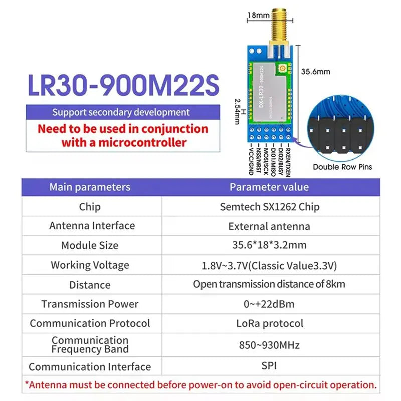 DX-LR30 SX1262 Lora Module SX1262 Chip Development 8Km 22Dbm UART Lora Spread Spectrum Technology RF Module 900M22SP