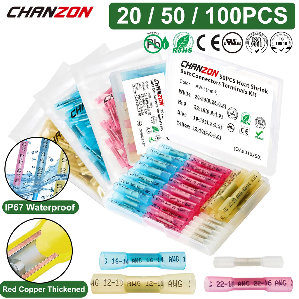 20/50/100PCS Heat Shrink Butt Wire Terminal Kit Waterproof Shrinkable Solder Crimp Splice Electrical Cable Joint Tube Connector