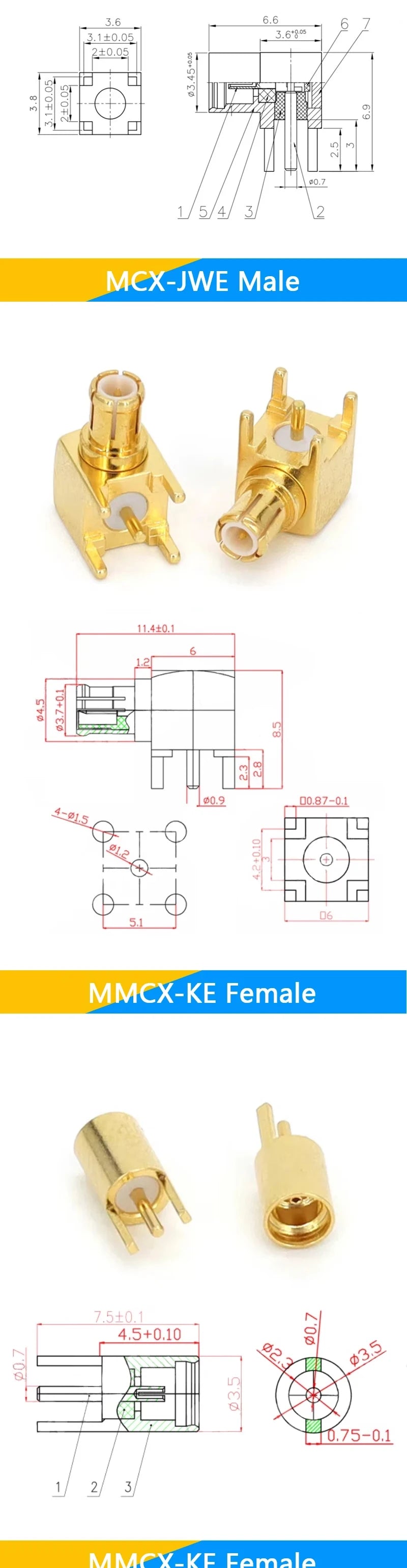 1-10PCS MCX MMCX Male Female PCB Mount Straight RF Coax Connector Right Angle 90-Degree Goldplated Welding Terminal