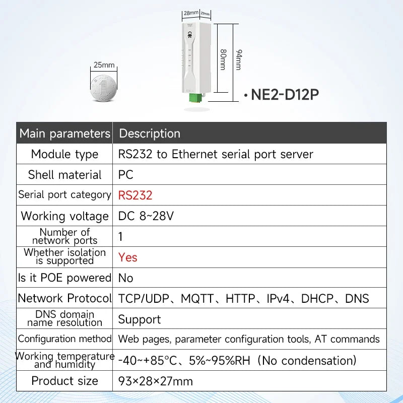 Serial Port Server RS485 To Ethernet CDSENET NE2-D11 DC 8-28V TCP/UDP Modbus MQTT HTTP DNS FOTA Remote Up DIN Rail Installation