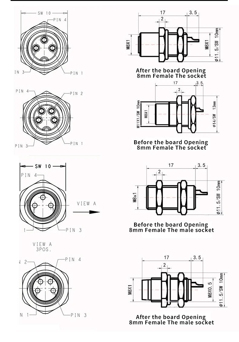 M8 Sensor Connector Screw Connection Metal A Code 3pin/4pin Non-welding 5pin 6pin 8pin Weld IP68 Straight Waterproof Connectors
